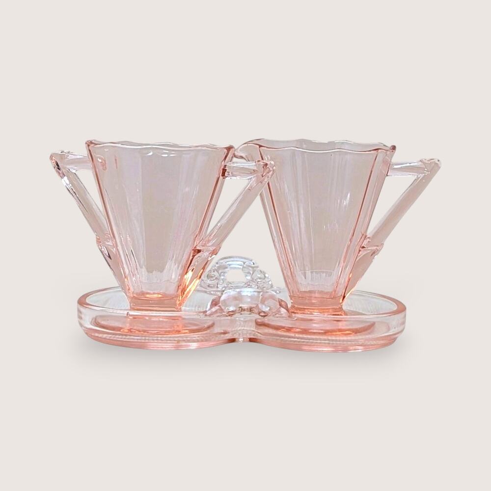 Vintage Cambridge Glass Decagon Pink Cream Sugar Set with Tray Art Deco 3pc